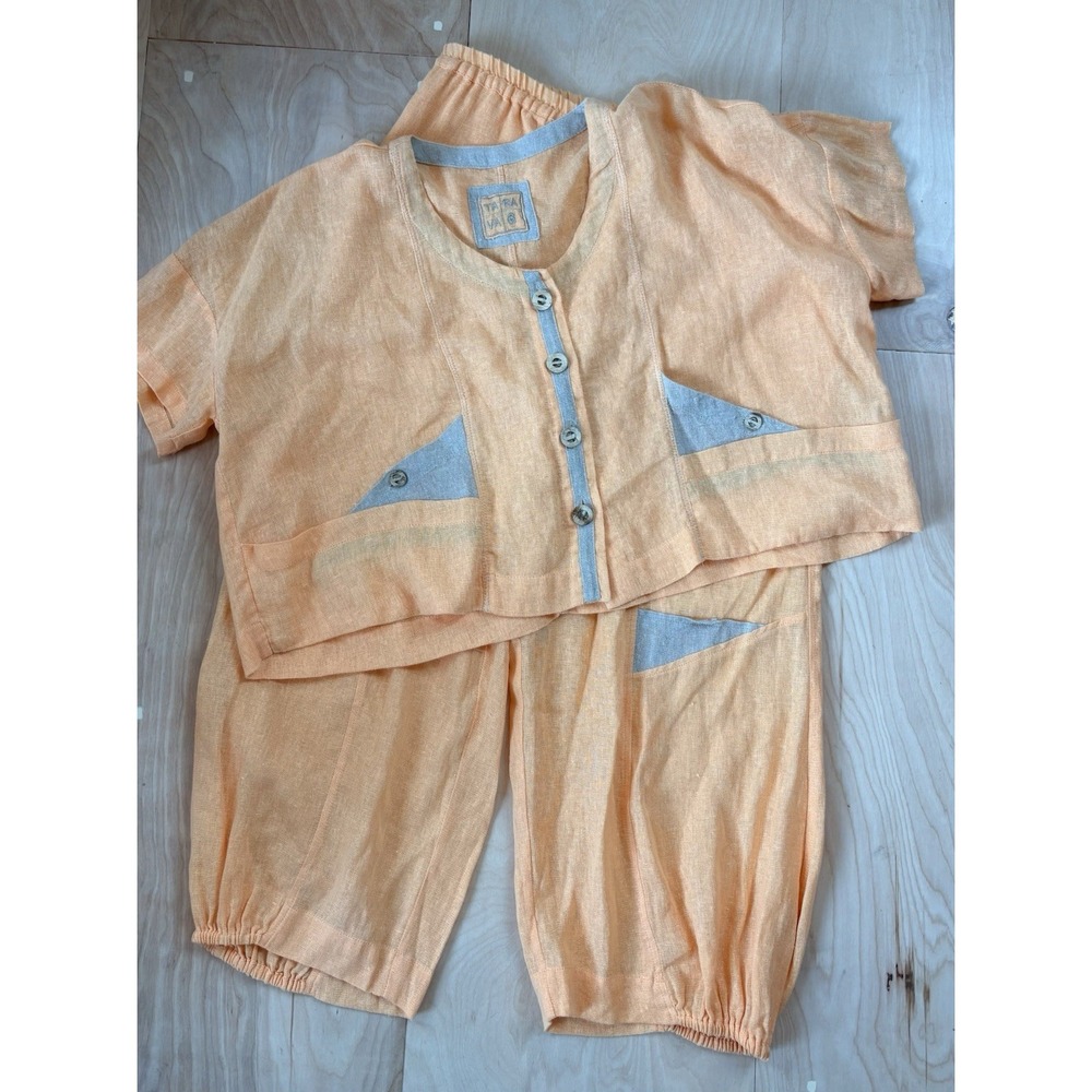 Tara Vao Women's Linen Wide Leg Pants & Button Up Top Set Size S Artsy Orange